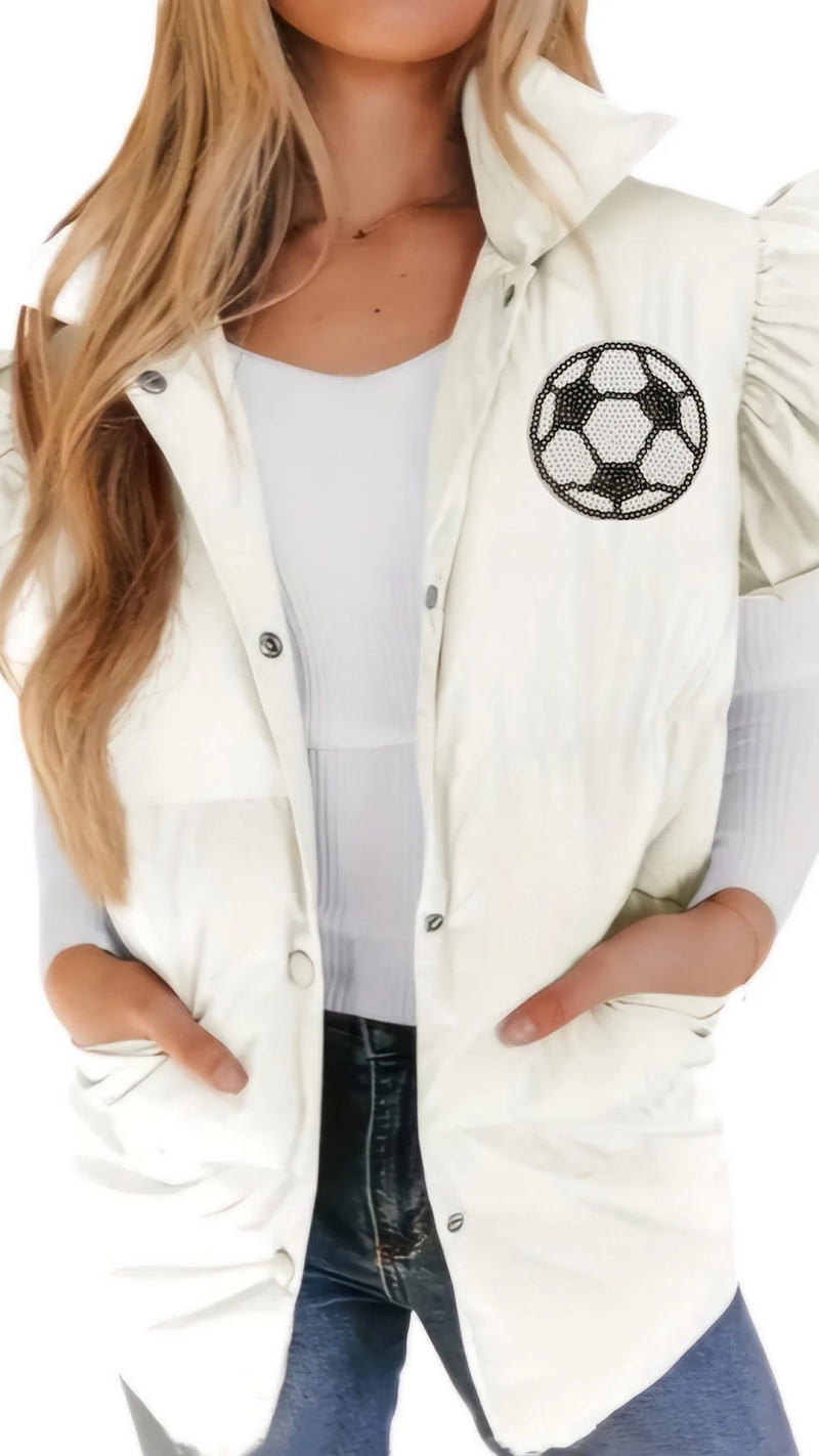 White "Pick Your Sport" Puffer Vest (interchangeable velcro sports patches included: football, basketball, soccer ball, baseball)