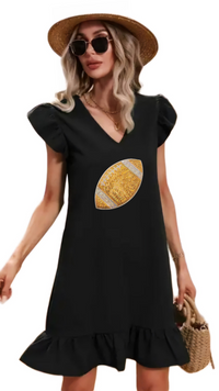 Black Ruffle Sleeve Gold Sequin Football Mini Dress