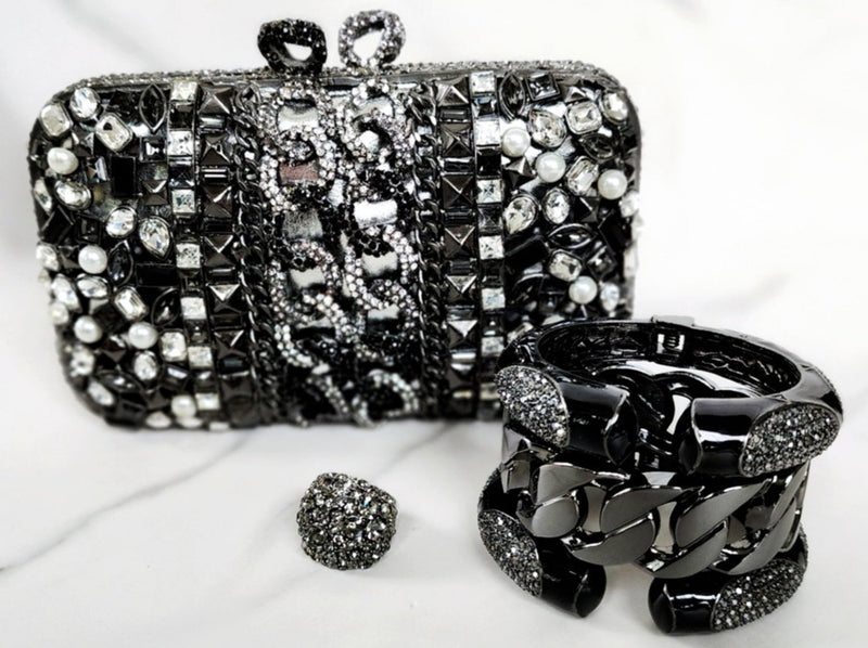 Black and Silver Crystal Clutch, Black Pave Enamel Cuff Bracelets, Gun Black Link Cuff, Gray Crystal Cocktail Ring