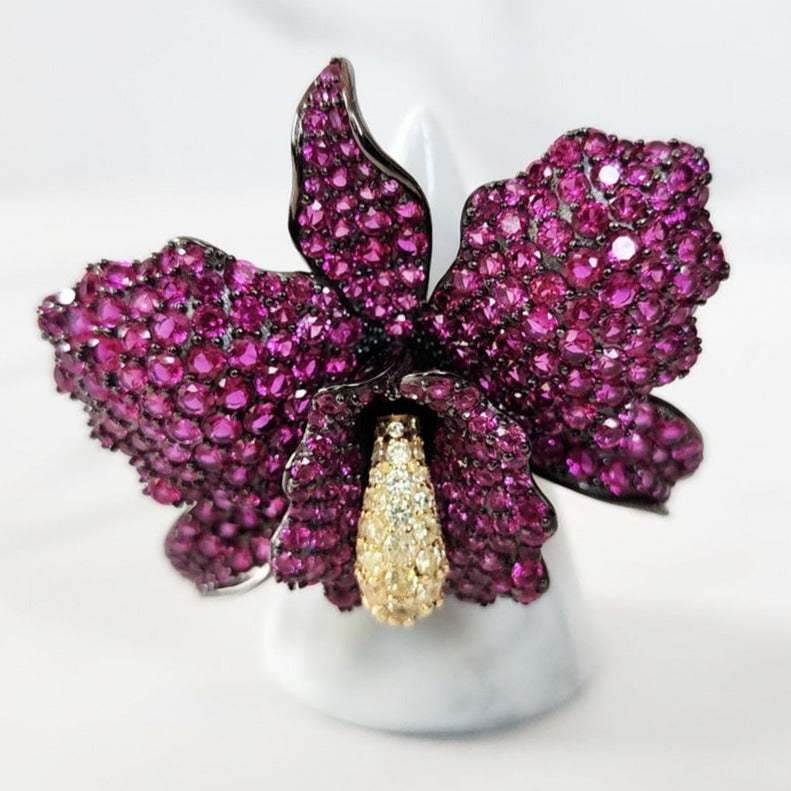 Fuchsia Pink Crystal Clutch Purse and Sterling Silver Pave Orchid Ring