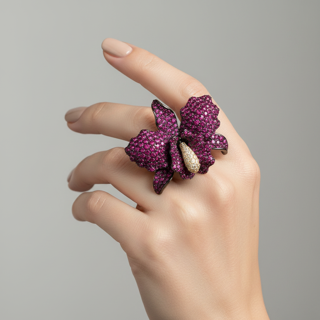 Sterling Silver Fuchsia Pink Orchid Ring