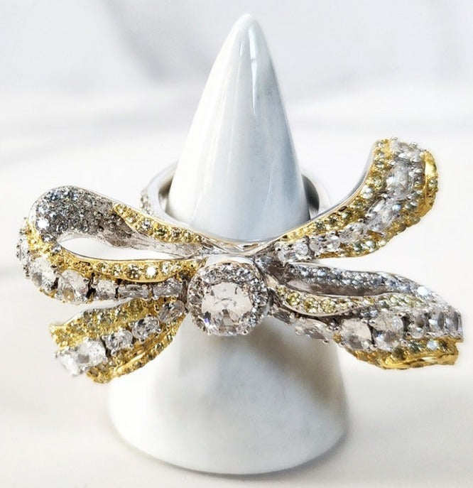 Gold Plated Diamond Baroque Mirror Embellished Cuff Bracelet and Sterling Silver Diamond Encrusted Bow Ring