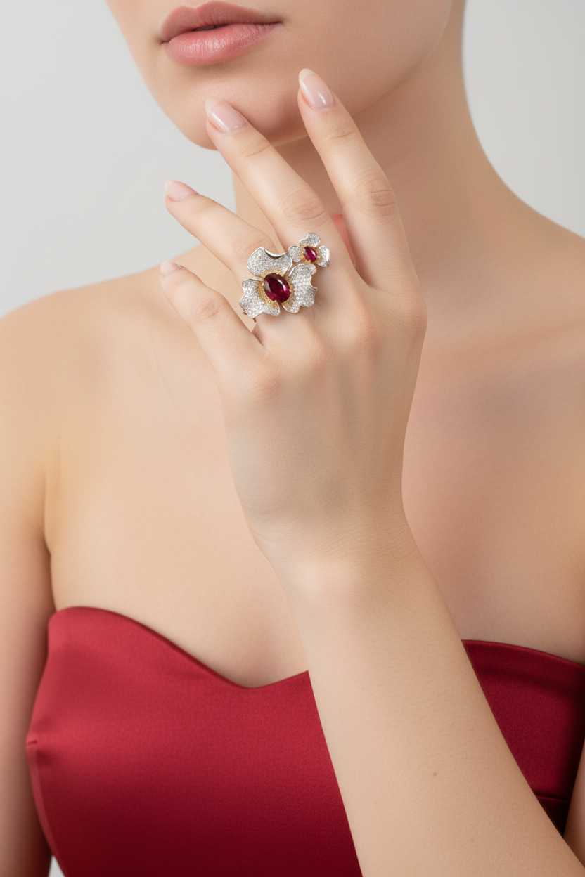 Sterling Silver Ruby Double Flower Ring