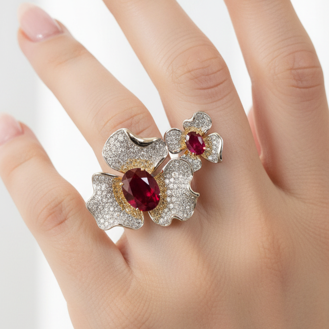 Sterling Silver Ruby Double Flower Ring