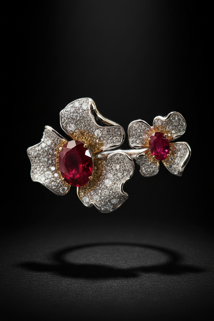 Sterling Silver Ruby Double Flower Ring
