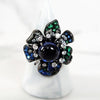 Navy Blue Bangle, Sterling Silver Blue and Green Sapphire Flower Ring