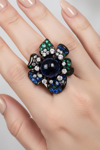 Sterling Silver Blue and Green Sapphire Flower Ring