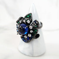 Navy Blue Bangle, Sterling Silver Blue and Green Sapphire Flower Ring