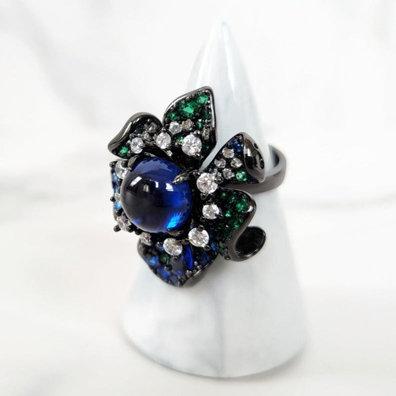 Navy Blue Bangle, Sterling Silver Blue and Green Sapphire Flower Ring