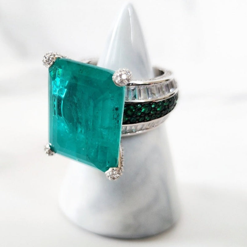 Sterling Silver Paraiba and Green Pave Stone Ring