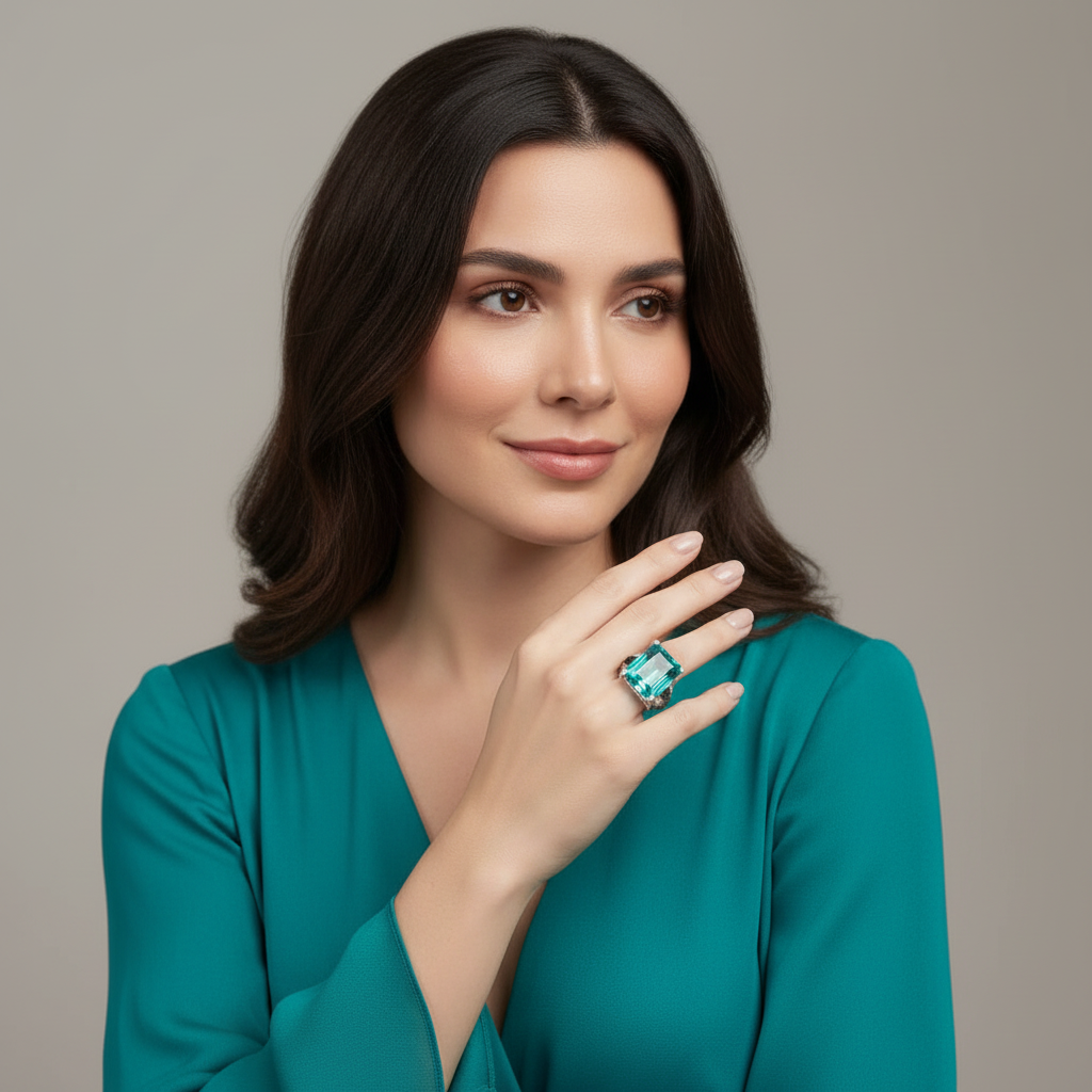 Sterling Silver Paraiba and Green Pave Stone Ring