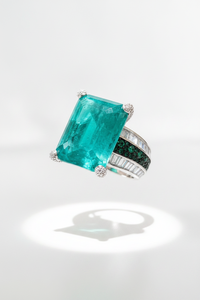 Sterling Silver Paraiba and Green Pave Stone Ring