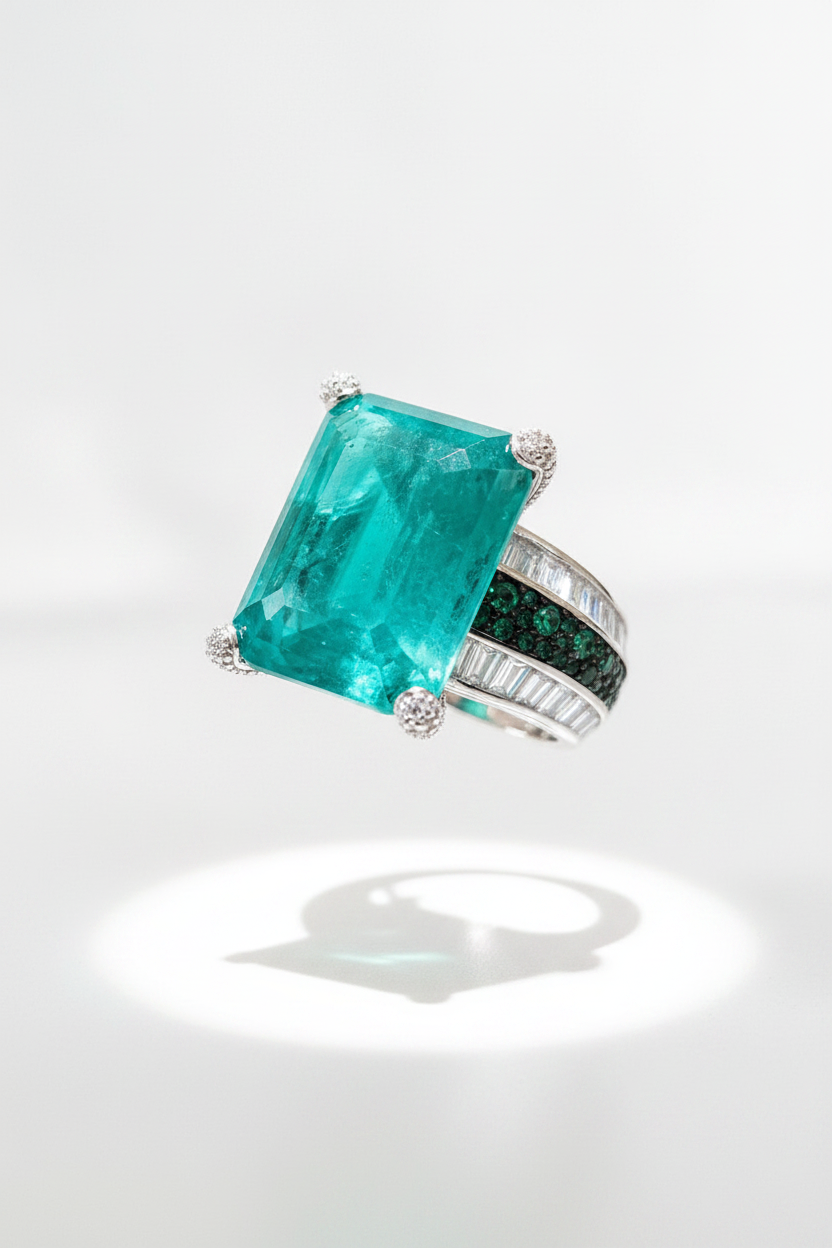 Sterling Silver Paraiba and Green Pave Stone Ring