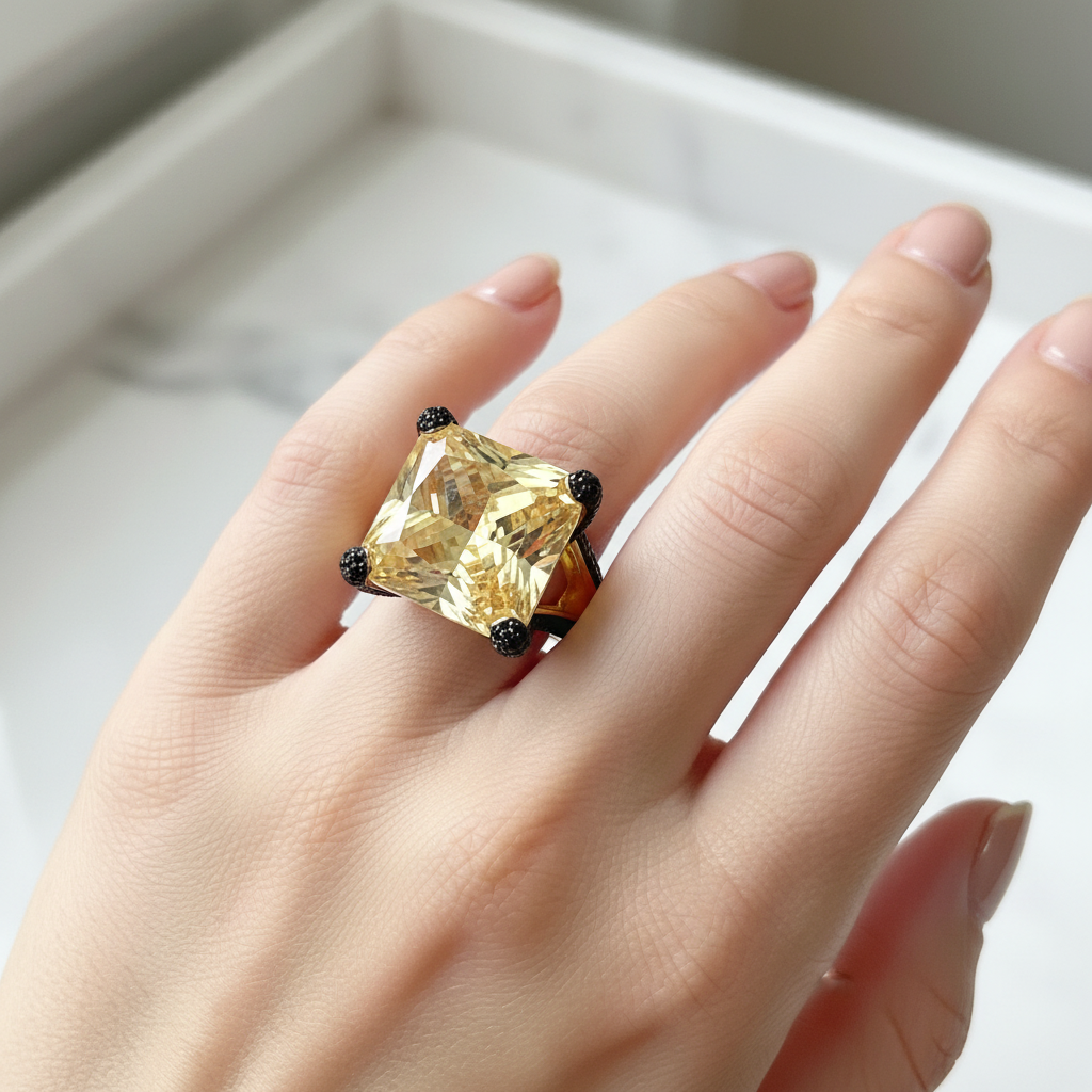 Sterling Silver Yellow and Black Pave Ring