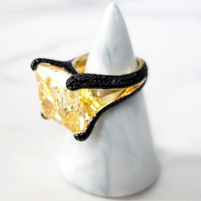 Sterling Silver Yellow and Black Pave Ring