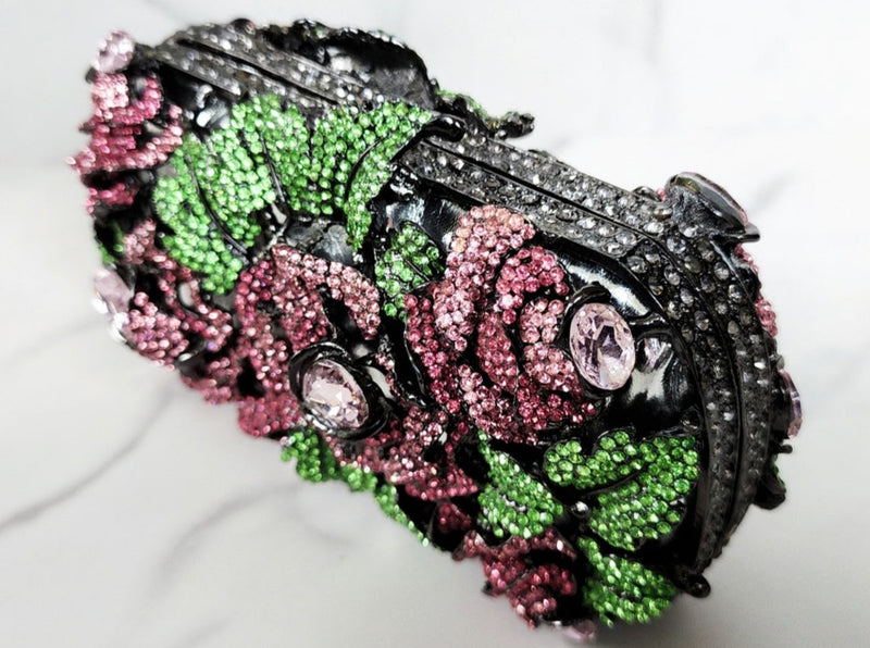 Pink and Green Crystal Flower Clutch