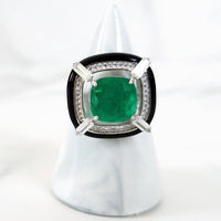 Sterling Silver Emerald and Black Enamel Ring