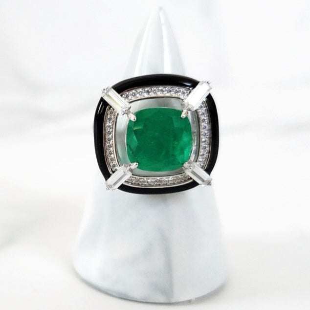 Sterling Silver Emerald and Black Enamel Ring