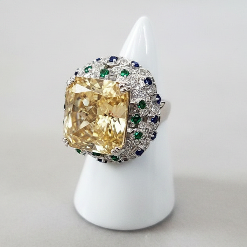 Sterling Silver Yellow, Green and Blue Diamond Ring