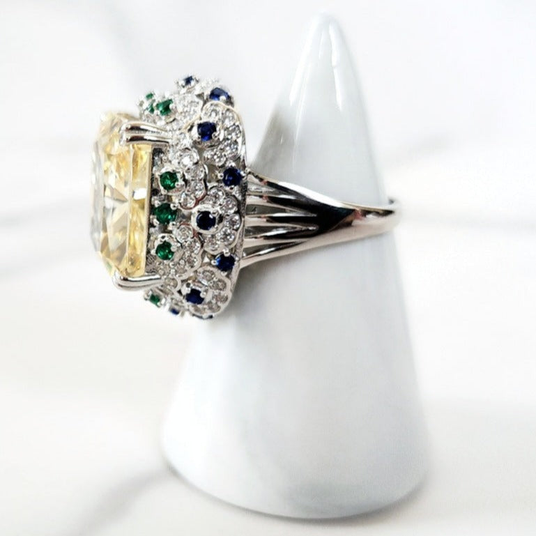 Sterling Silver Yellow, Green and Blue Diamond Ring