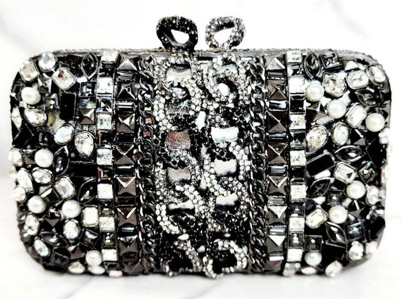 Black and Silver Crystal Clutch, Black Pave Enamel Cuff Bracelets, Gun Black Link Cuff, Gray Crystal Cocktail Ring