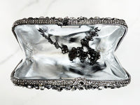 Black and Silver Crystal Clutch, Black Pave Enamel Cuff Bracelets, Gun Black Link Cuff, Gray Crystal Cocktail Ring