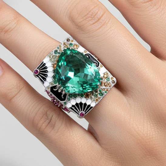 Sterling Silver Exquisitely Detailed Iced Cut Paraiba Diamond Ring