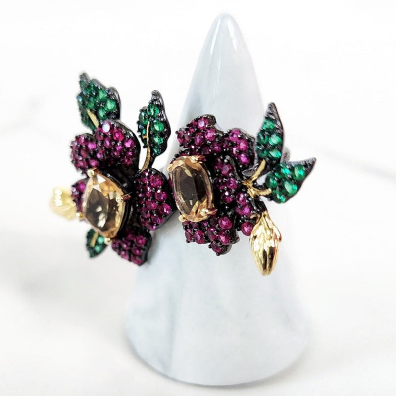 Sterling Silver Amethyst and Citrine Double Flower Ring.