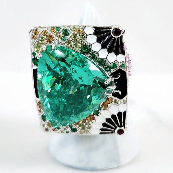 Sterling Silver Exquisitely Detailed Iced Cut Paraiba Diamond Ring