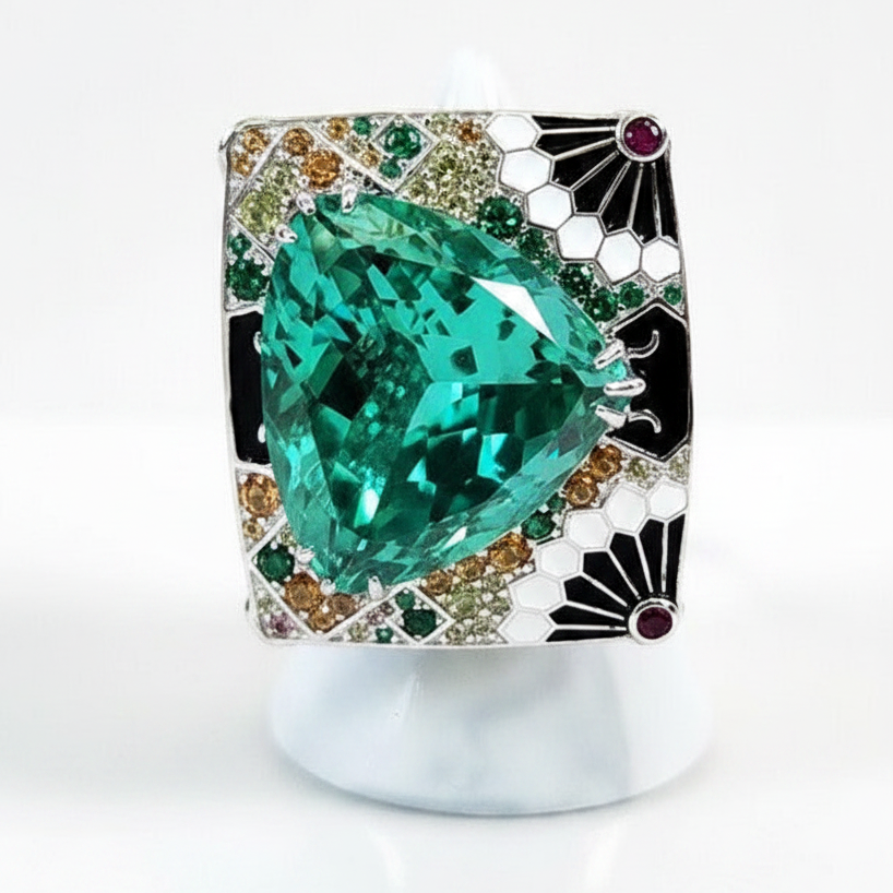 Sterling Silver Exquisitely Detailed Iced Cut Paraiba Diamond Ring