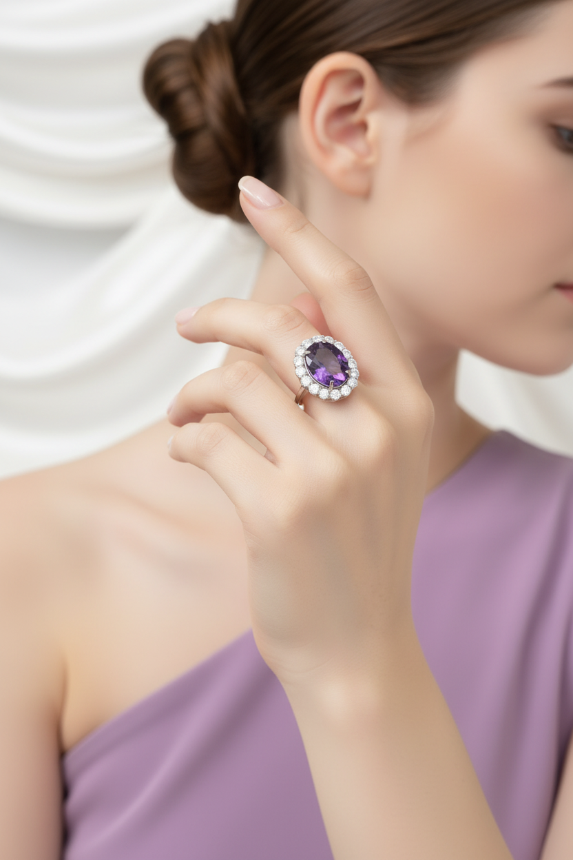 Sterling Silver Oval Cut Amethyst Ring