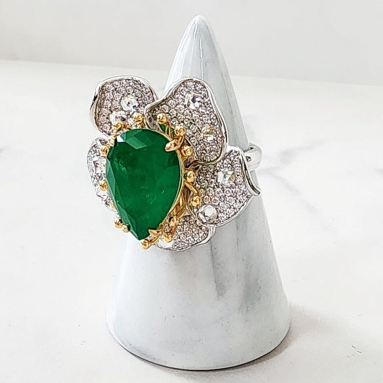 Sterling Silver Pear Cut Emerald Flower Ring