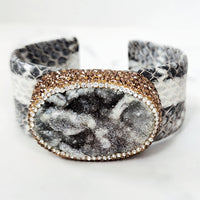 Gray and Gold Snake Print Pave Stone Cuff Bracelet