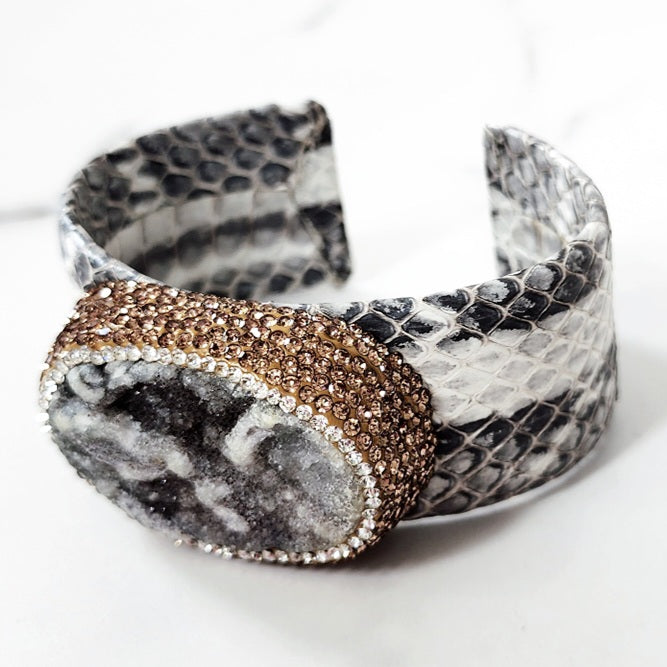 Gray and Gold Snake Print Pave Stone Cuff Bracelet