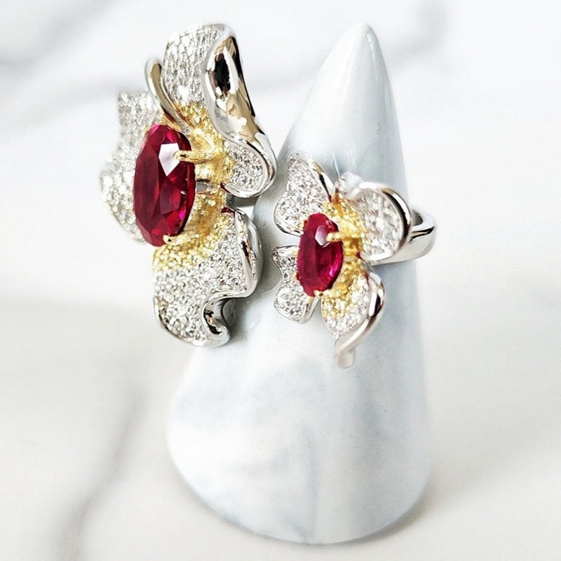 Sterling Silver Ruby Double Flower Ring