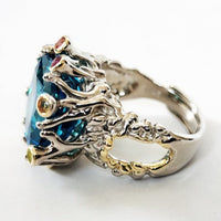 Translucent Teal Blue One Elephant Head Cuff and Sterling Silver Ring