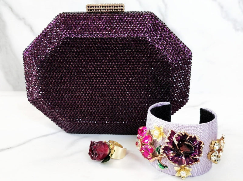 Purple Crystal Clutch, Rose Bud Ring and Purple Flower Cuff