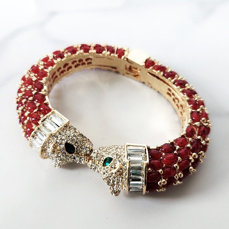 Deep Red Double Head Panther Cuff Bracelet