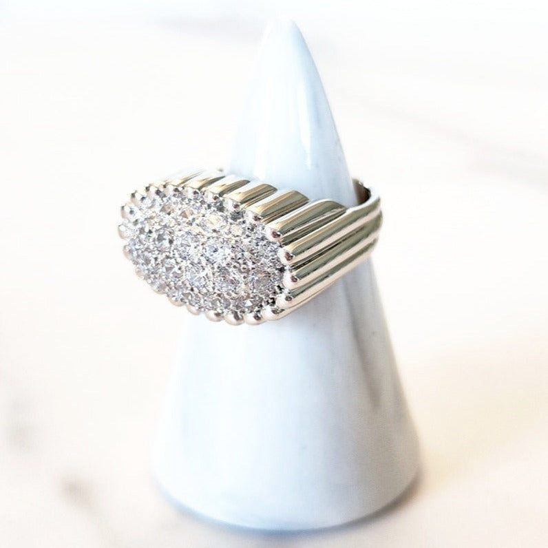 Sterling Silver Oval Diamond Encrusted Ring