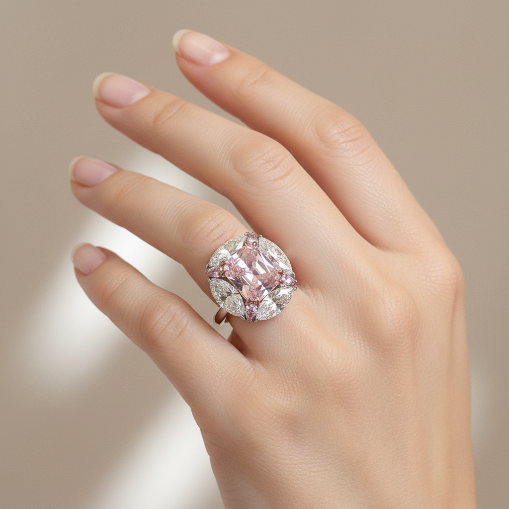 Sterling Silver Pink and White Diamond Ring