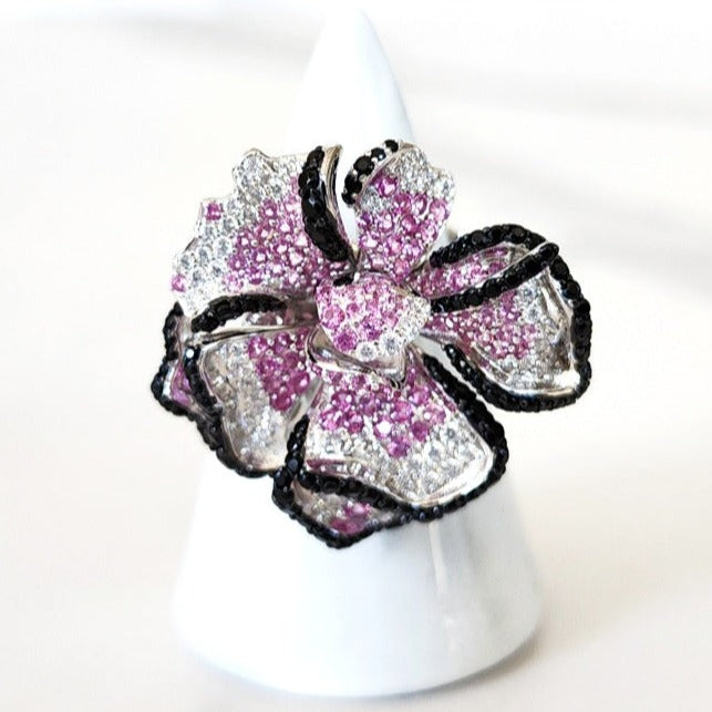 Sterling Silver Pink and Black Pave Flower Ring