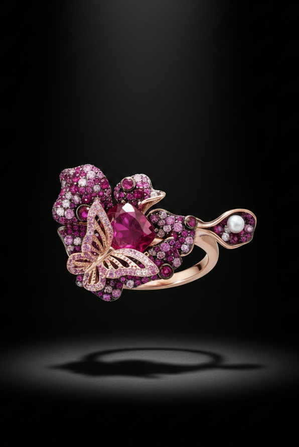 Sterling Silver Rose Gold Plated Pink Butterfly Ring