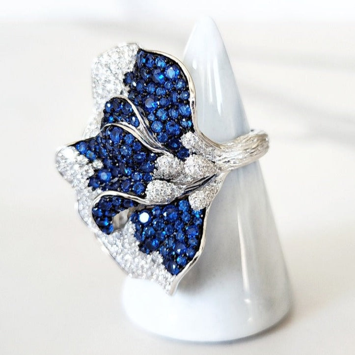 Sterling Silver Blue and White Pave Half Butterfly Ring