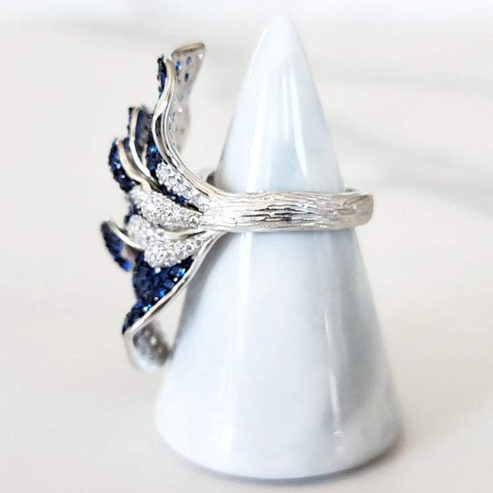 Sterling Silver Blue and White Pave Half Butterfly Ring