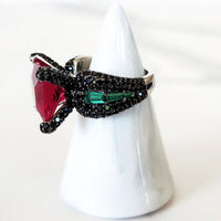 Sterling Silver Red, Green and Black Pave Ring