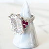 Sterling Silver Emerald Cut Diamond Ring with Fuchsia Side Stones