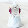 Sterling Silver Emerald Cut Diamond Ring with Fuchsia Side Stones