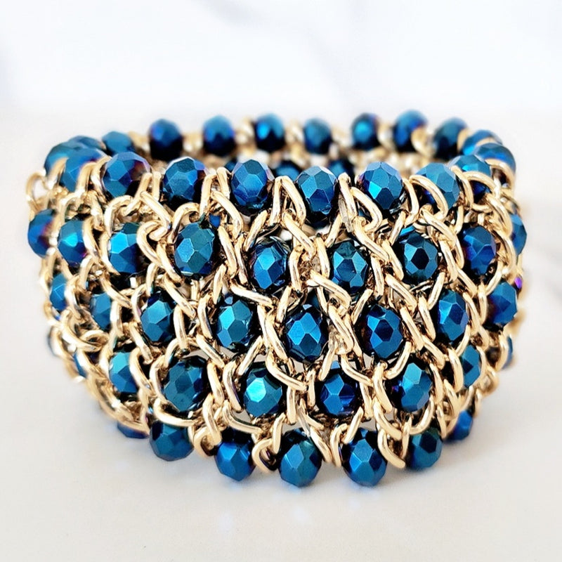 Blue and Gold Beaded Stretch Bracelet