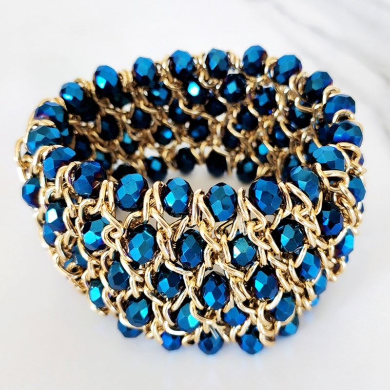 Blue and Gold Beaded Stretch Bracelet