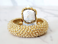 Goldtone Popcorn Cuff and Sterling Silver Gold Embellished Pearl Ring